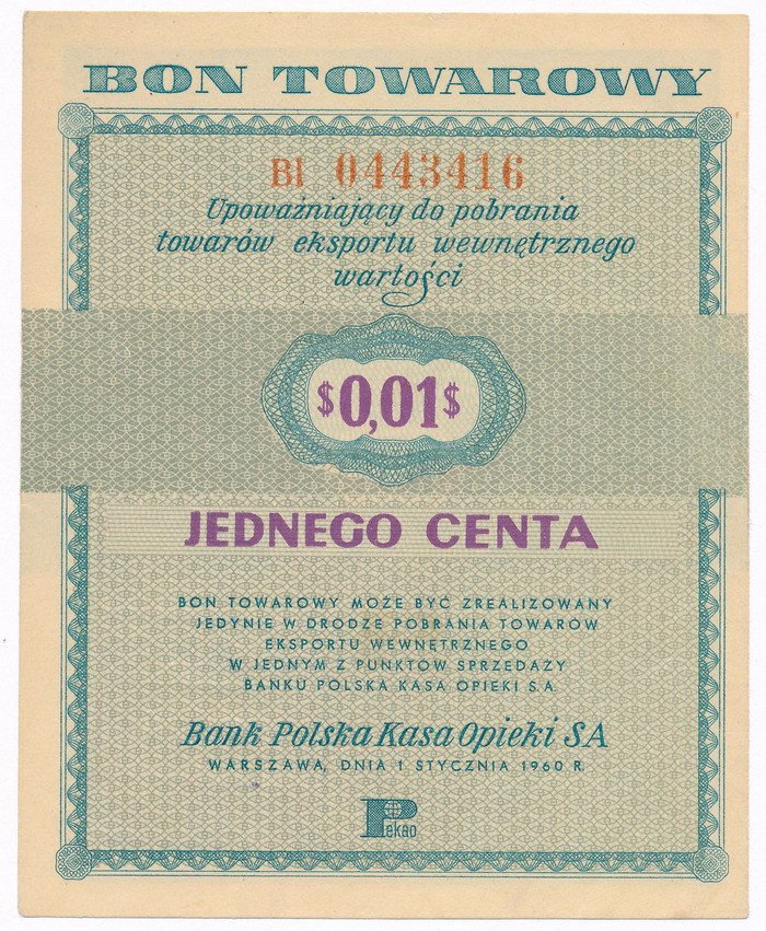 Polska. Bon towarowy   1 cent 1960  seria DI